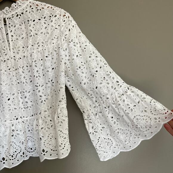 Veronica Beard Emmalyn Eyelet Blouse White Sz 8 Lace Ruffles Flare Sleeves Chic - Picture 16 of 16